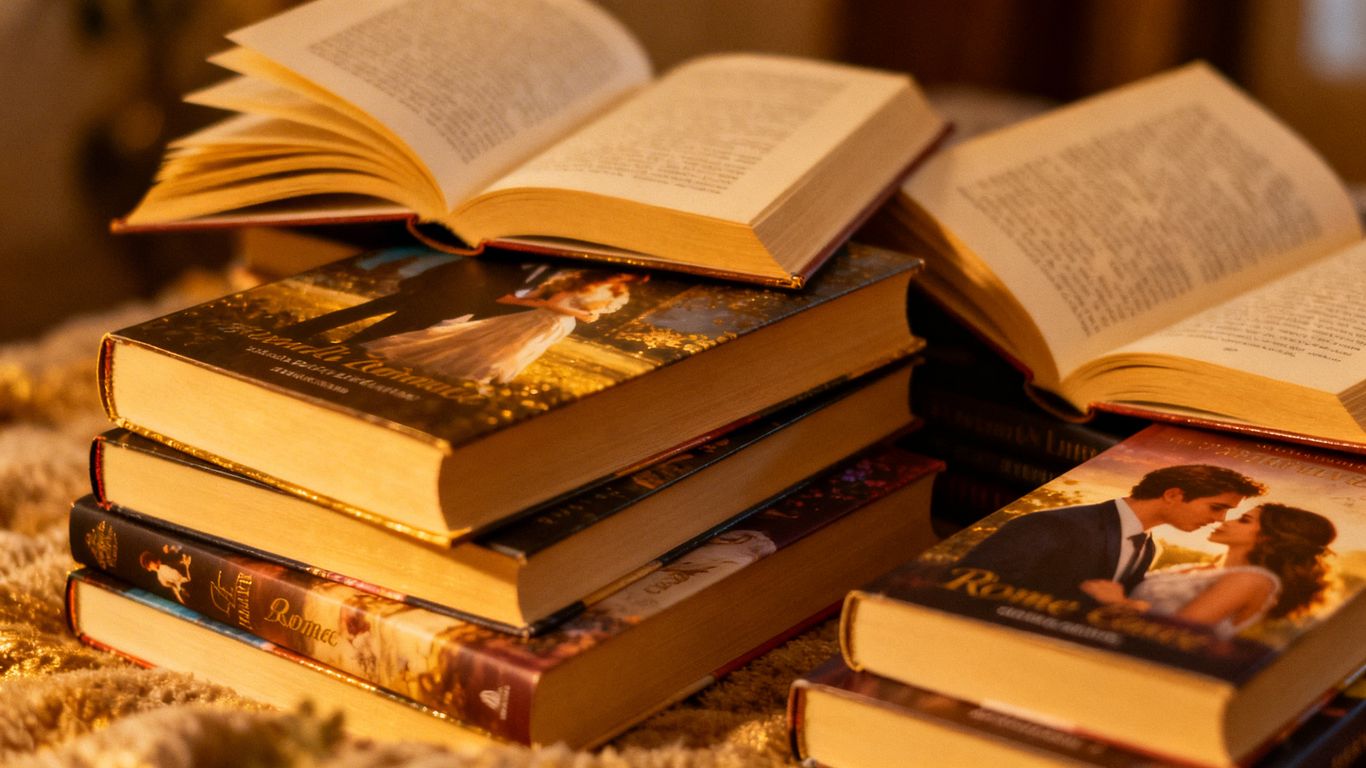 Stack of romance novels with inviting covers.