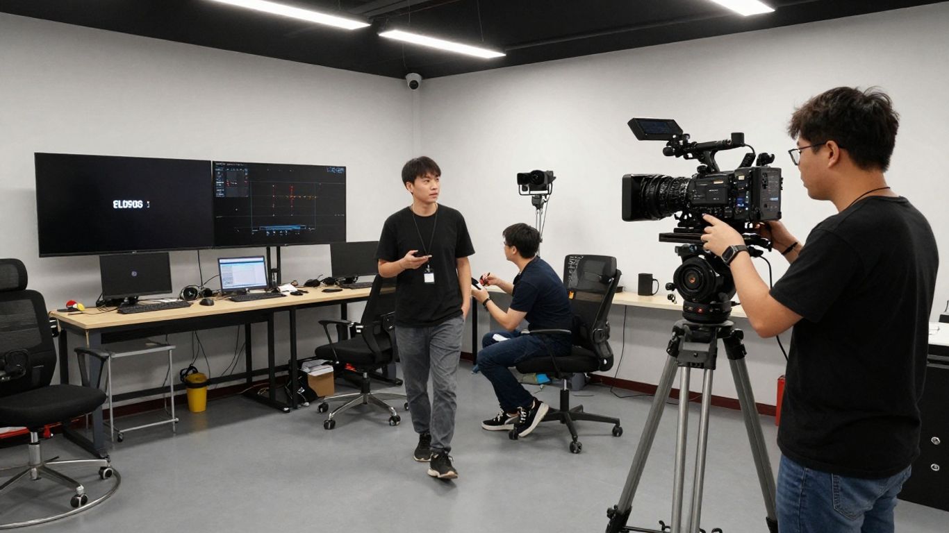 Équipe de production vidéo dans un studio moderne.