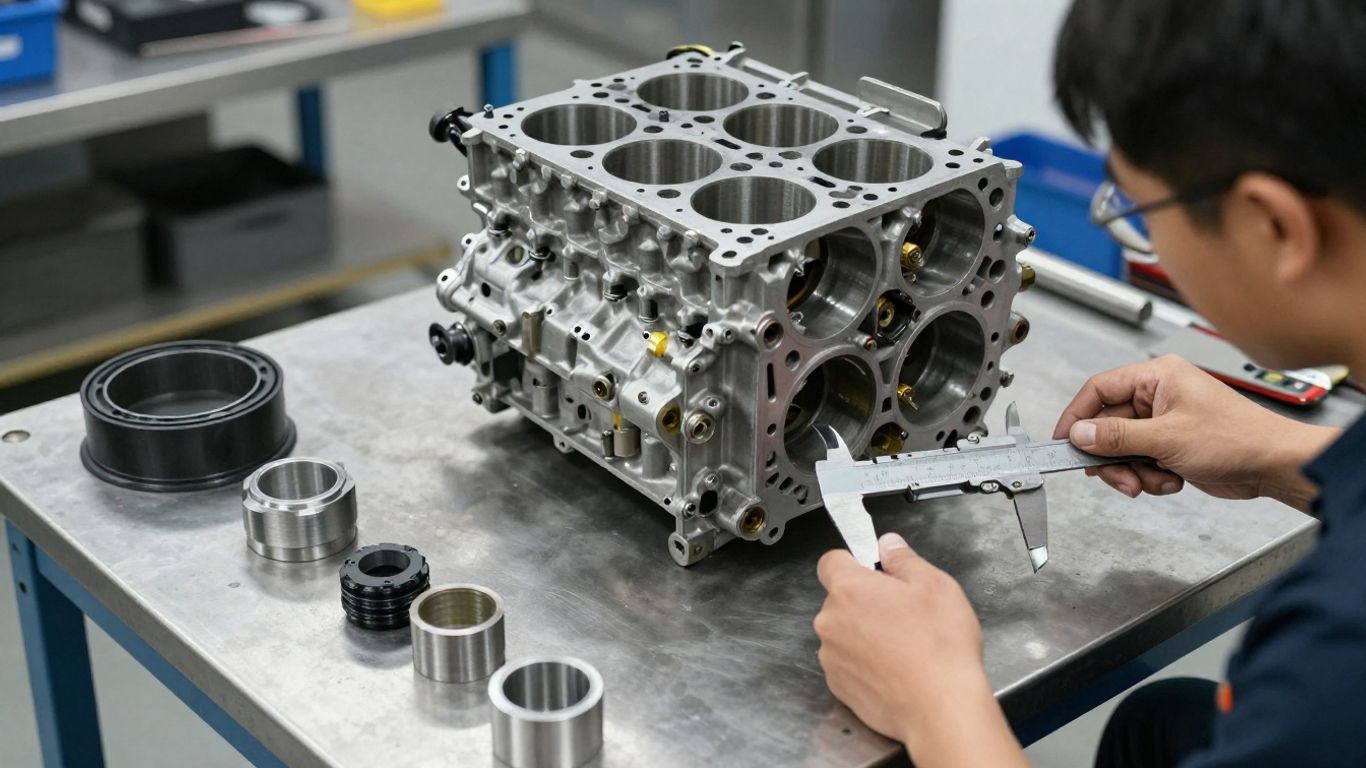 Technician measuring a Subaru engine block