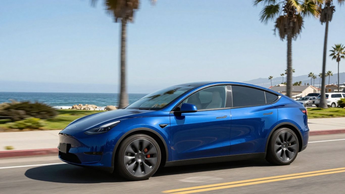 Tesla Model Y Performance driving on a sunny coastal road.