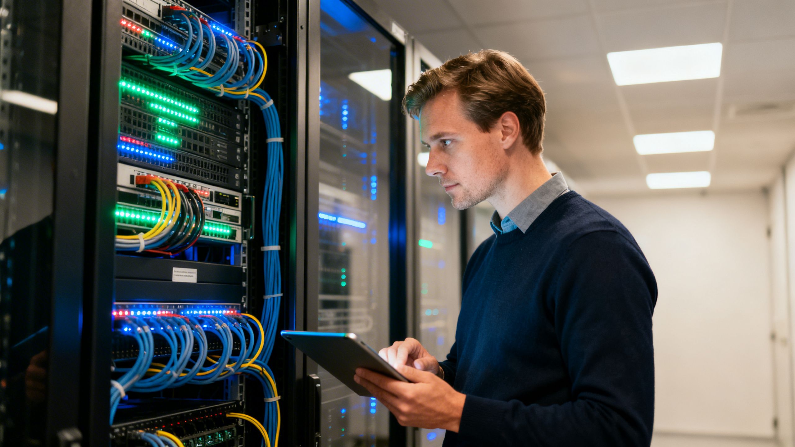 Security technician working with a tablet in an IT room.