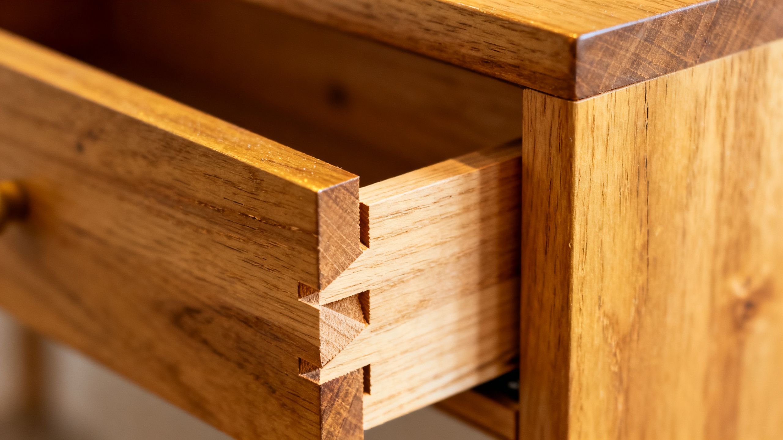 A detailed shot of dovetail joinery on a custom-made solid wood vanity drawer.