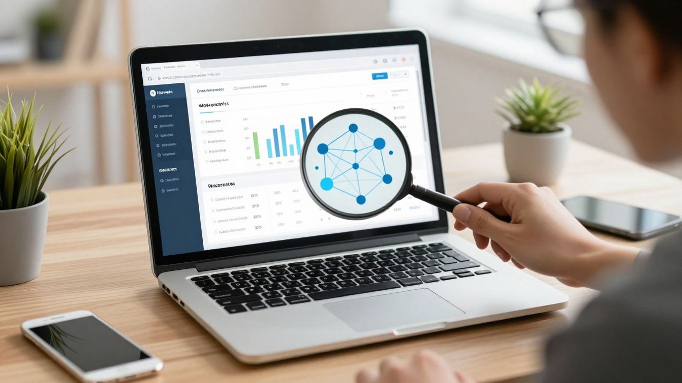 Backlink monitoring tool dashboard on a laptop screen.