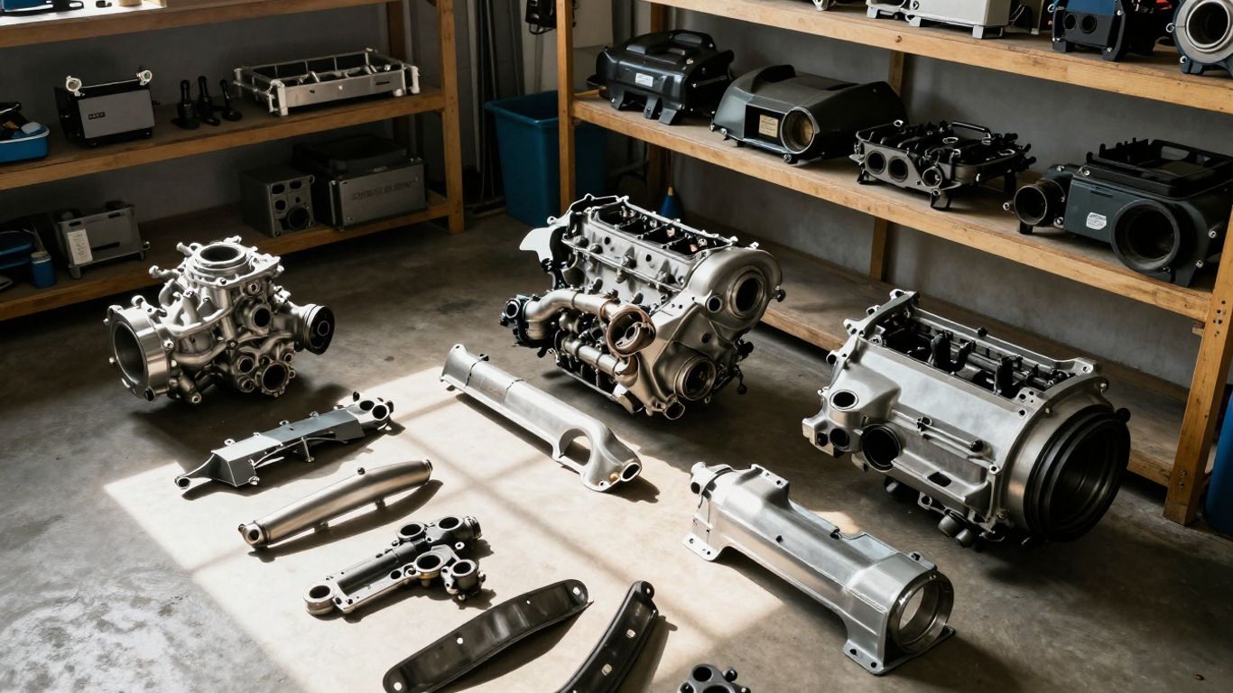 Mitsubishi car parts in a workshop