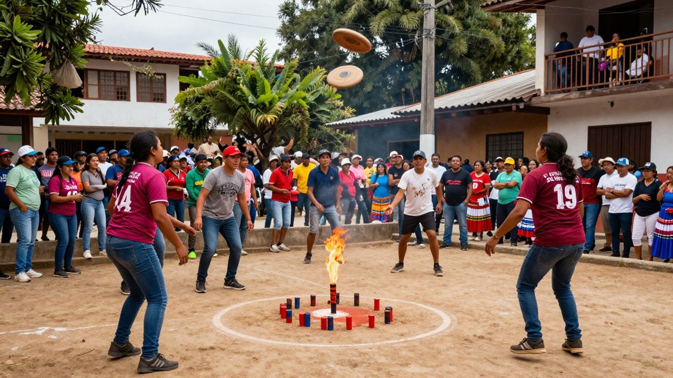 People playing Tejo, a Colombian sport, with explosive targets.