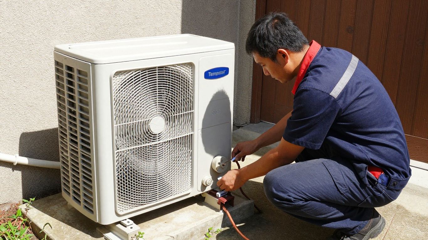Technician inspecting a Tempstar AC unit.