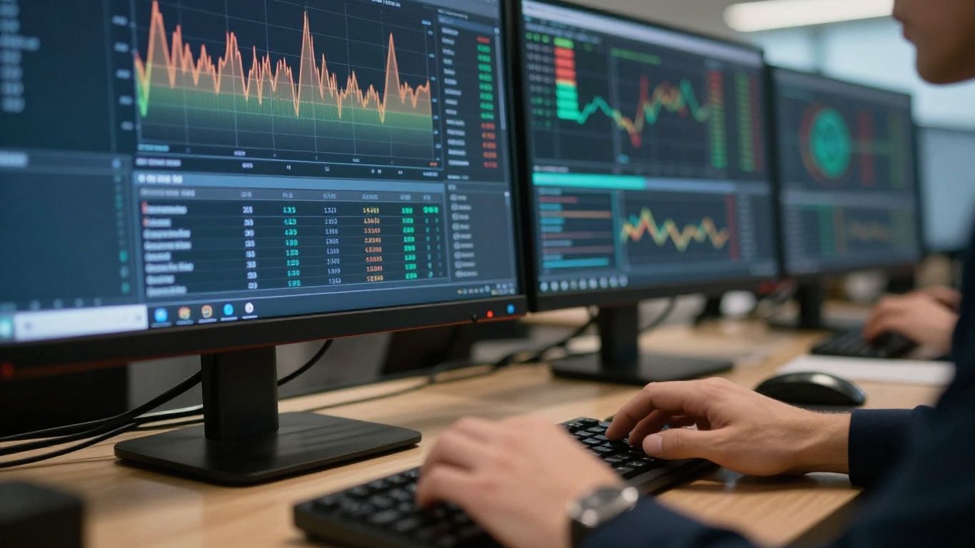 Trading desk with monitor and keyboard
