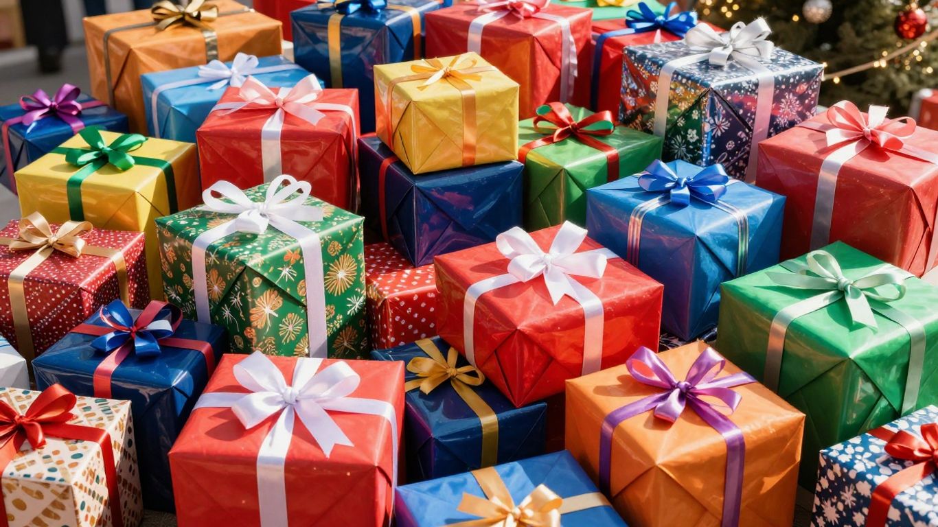 Pile of colorful gift boxes with ribbons and bows.