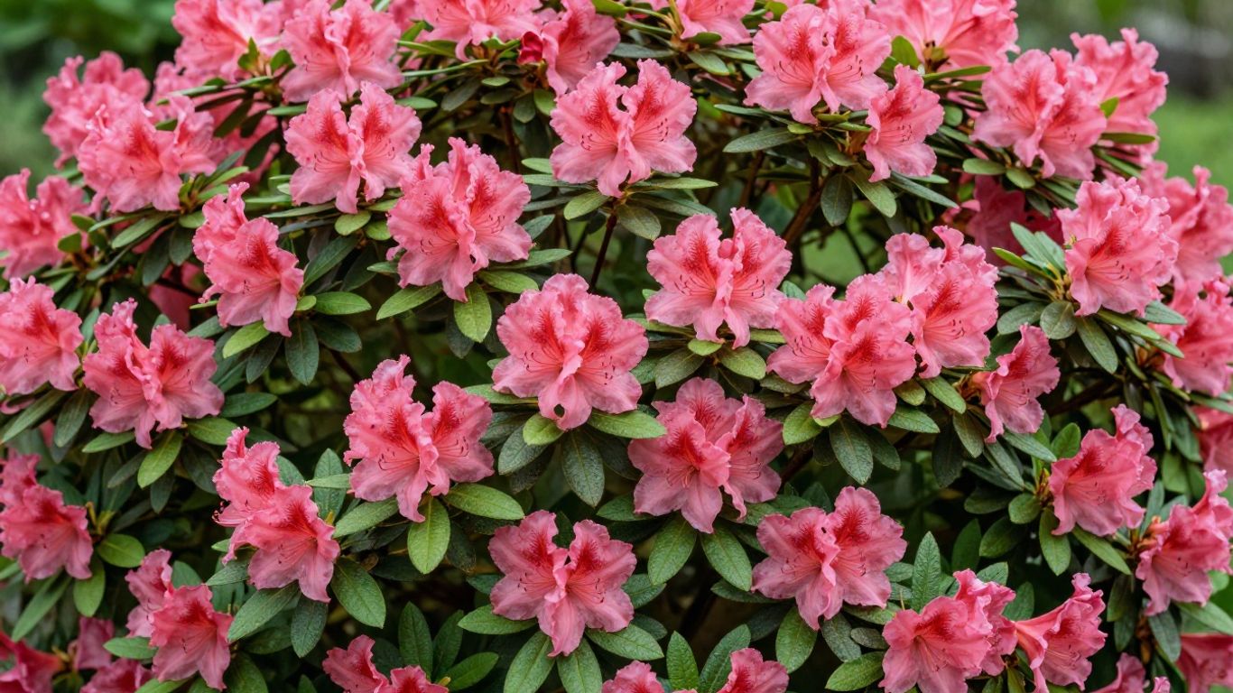 Close-up of a blooming pink azalea bush in spring.