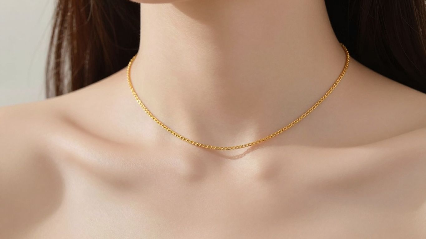 Woman wearing a delicate gold<a data-fixed=