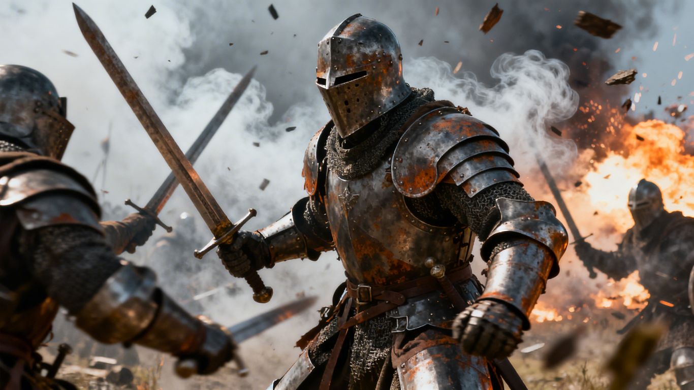 Knights battling on a medieval battlefield with explosions.