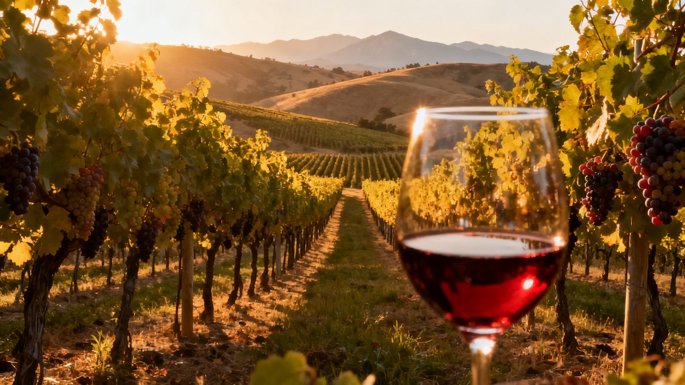 Vineyard landscape with wine glass and rolling hills.