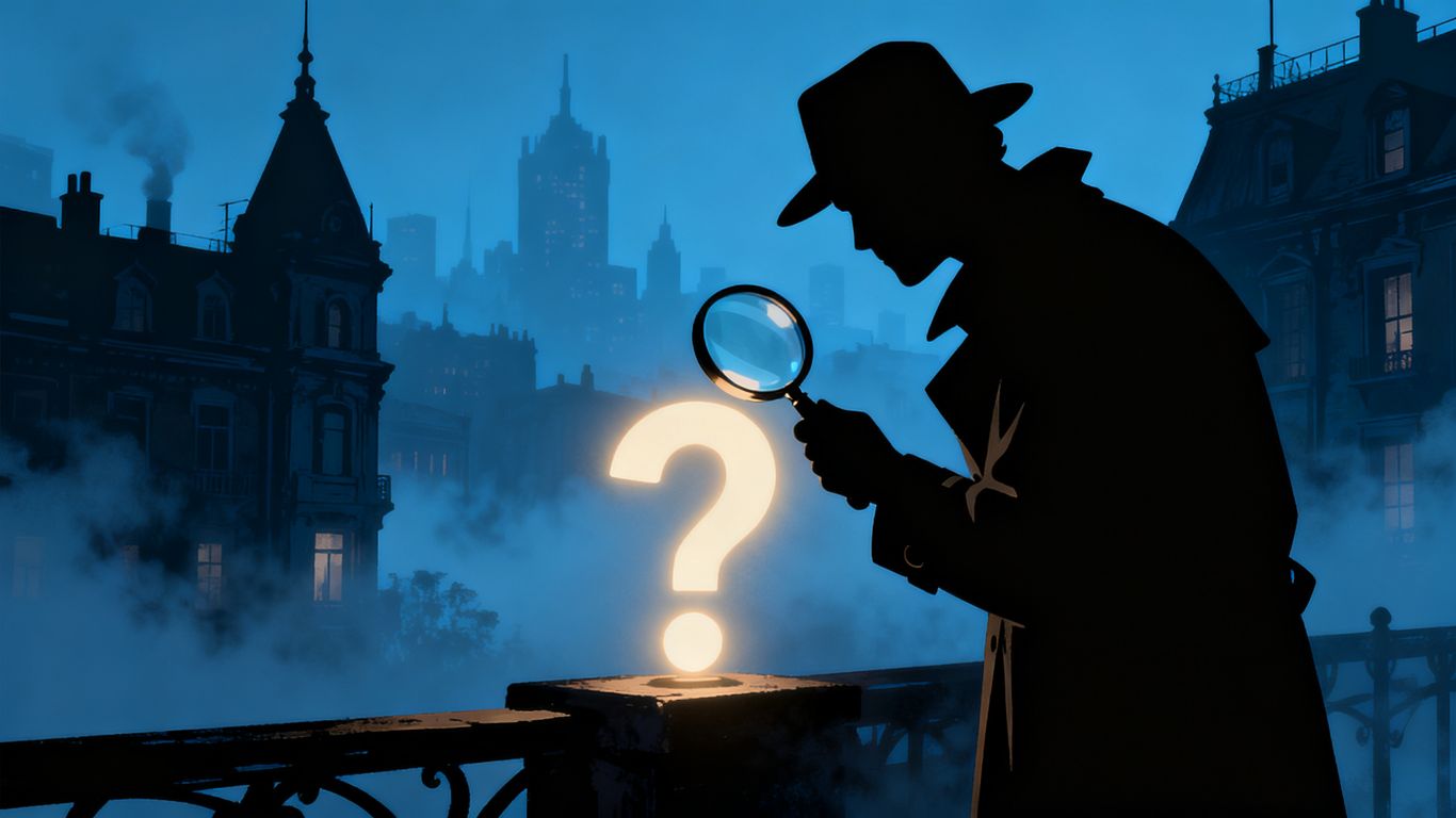 Detective examining a glowing question mark at a game festival.