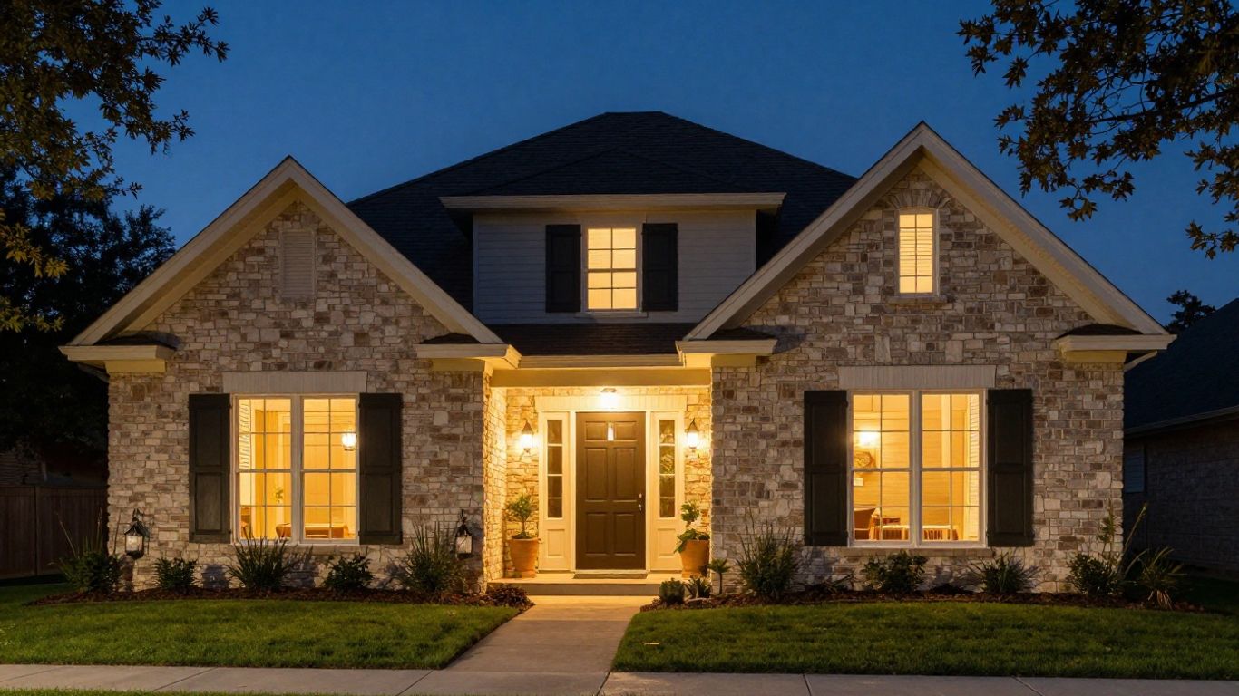 Illuminated home exterior with permanent outdoor lighting at night.