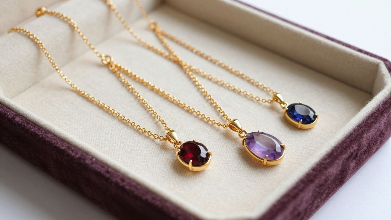 Layered birthstone necklaces in a jewelry box