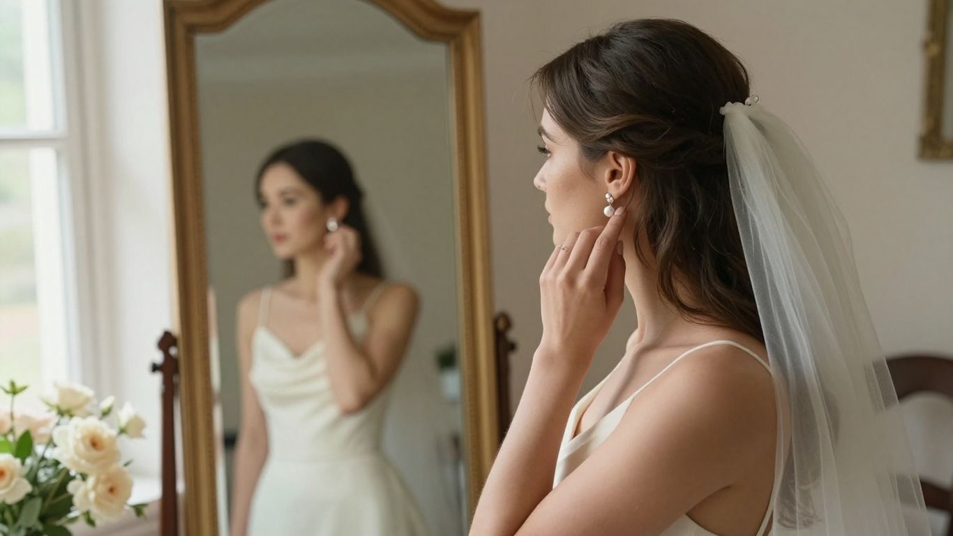 Bride in gown testing pearl earrings before ceremony