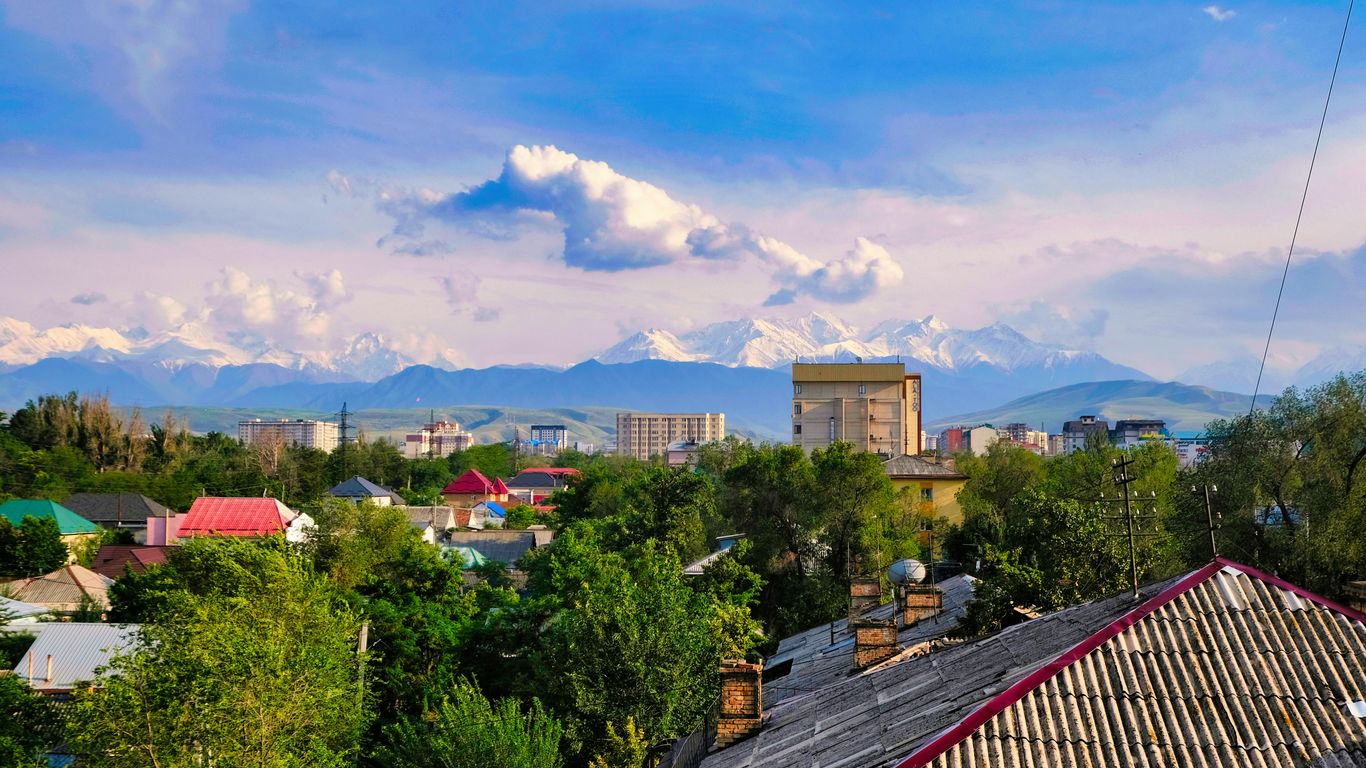 a view of a city with mountains in the background