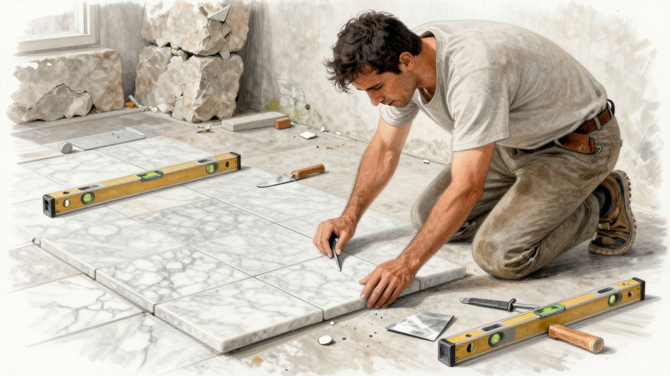 Stone mason installing marble tiles on a floor.