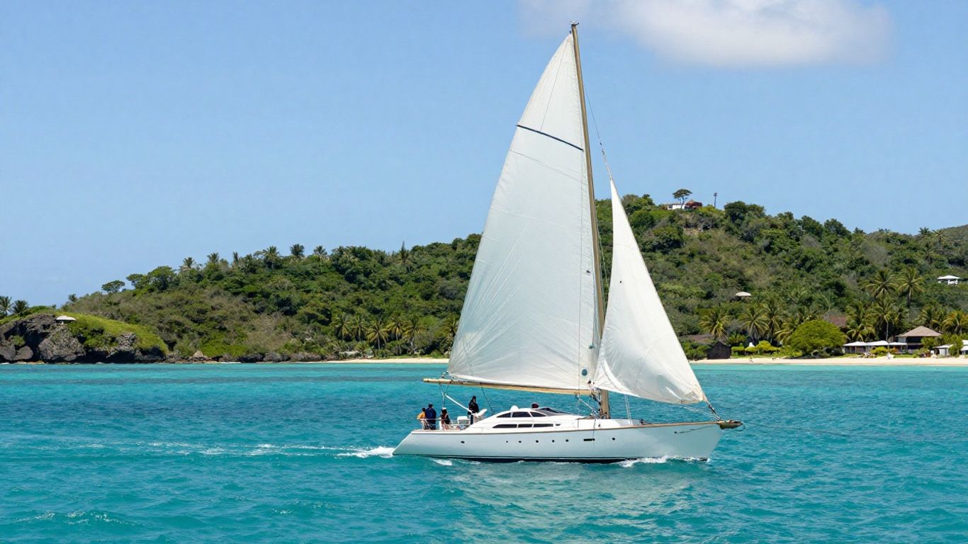 Sailing yacht on turquoise Caribbean waters near Antigua.