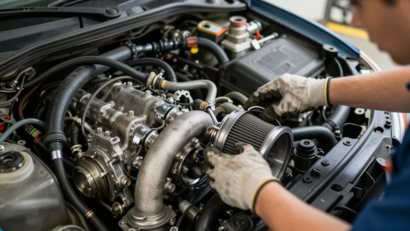 Technician inspecting turbocharger hoses and intake parts