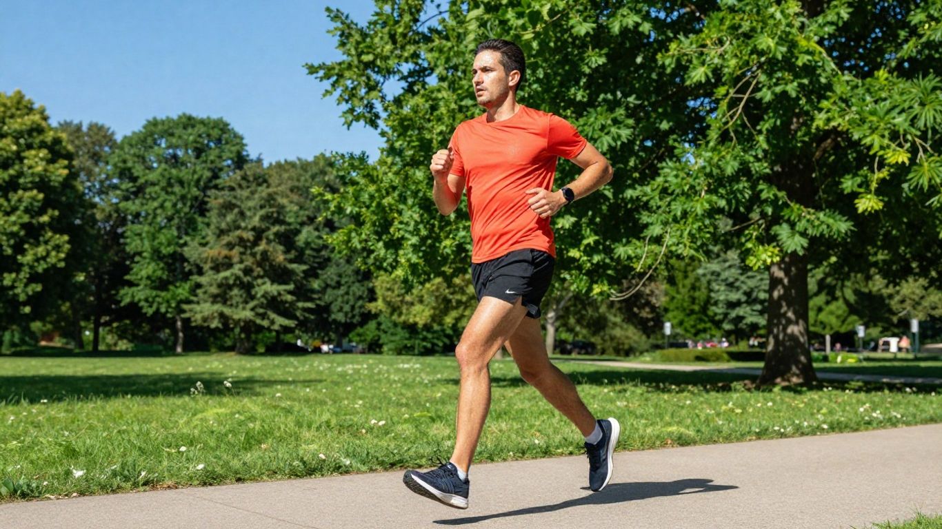Runner training for a two mile run in a park.