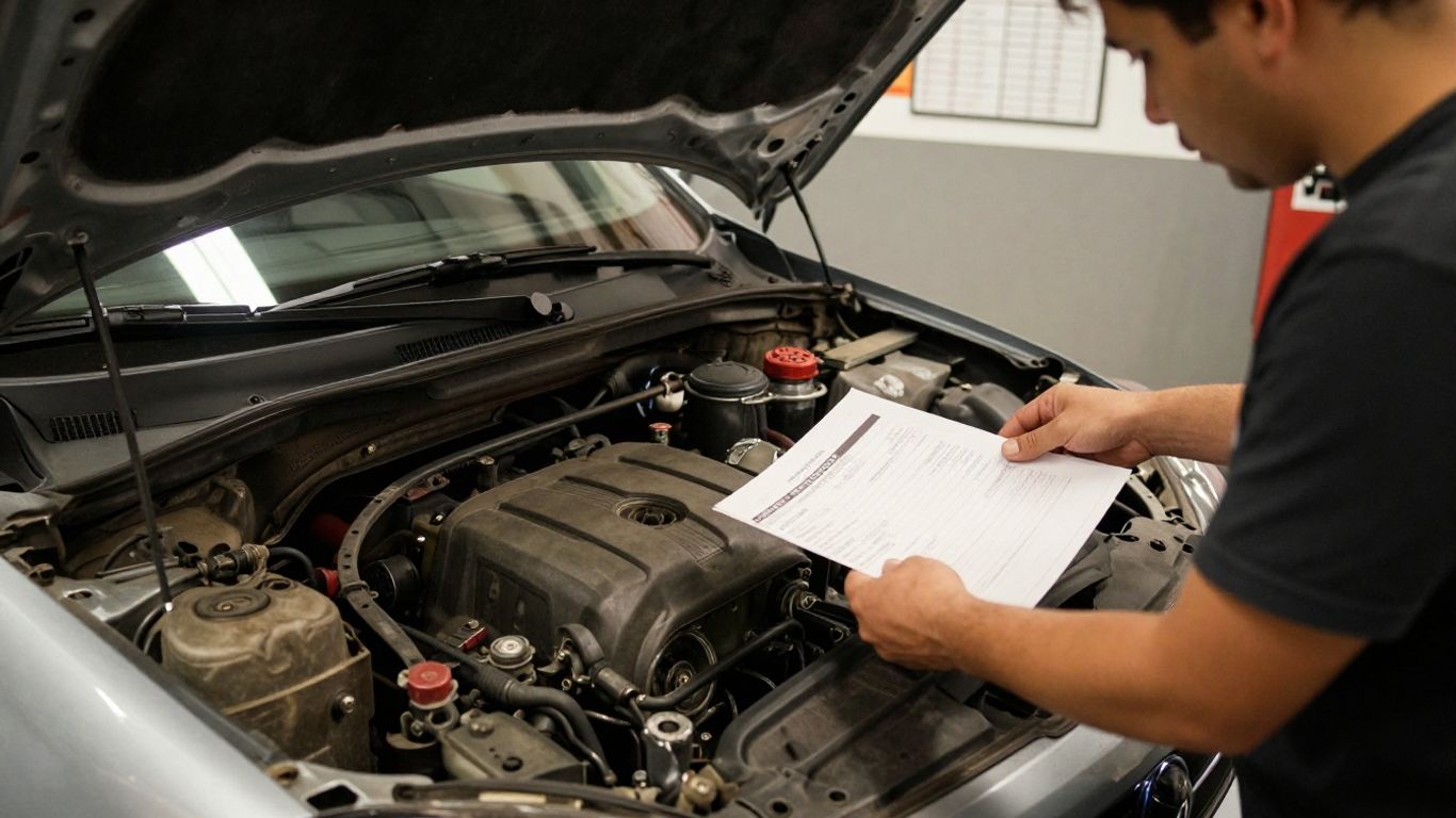 Mechanic reviewing engine estimate near vehicle