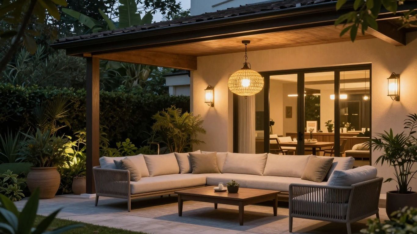 Serena & Lily Pacifica Outdoor Pendant light illuminating a patio.
