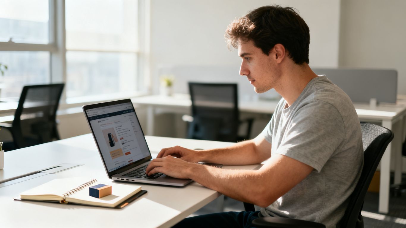 E-commerce marketer examining campaign performance at a laptop