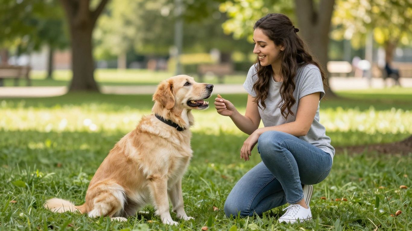 Dog training session in a park with a trainer.