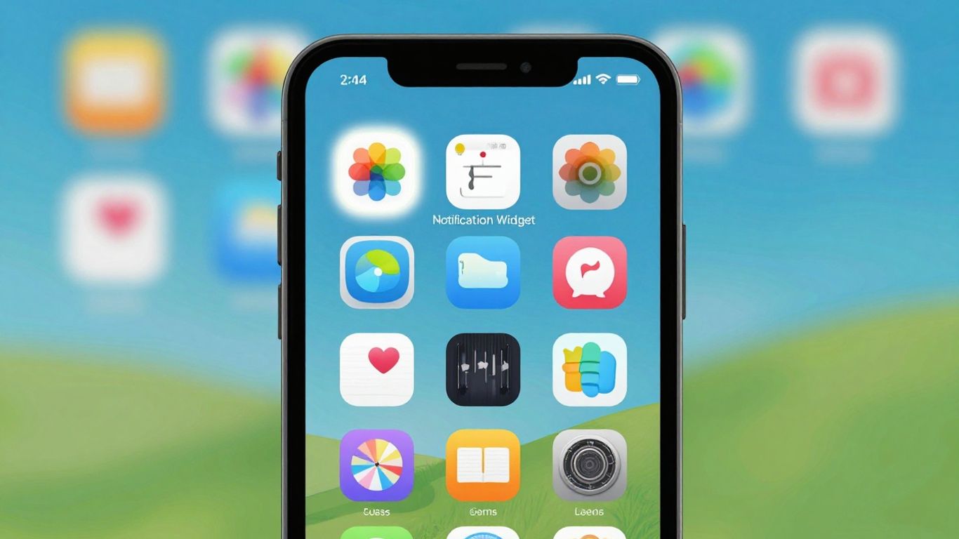 Widget de notificação em tela de celular com ícones de aplicativos.