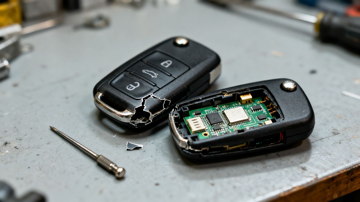 Technician inspecting a damaged car key fob