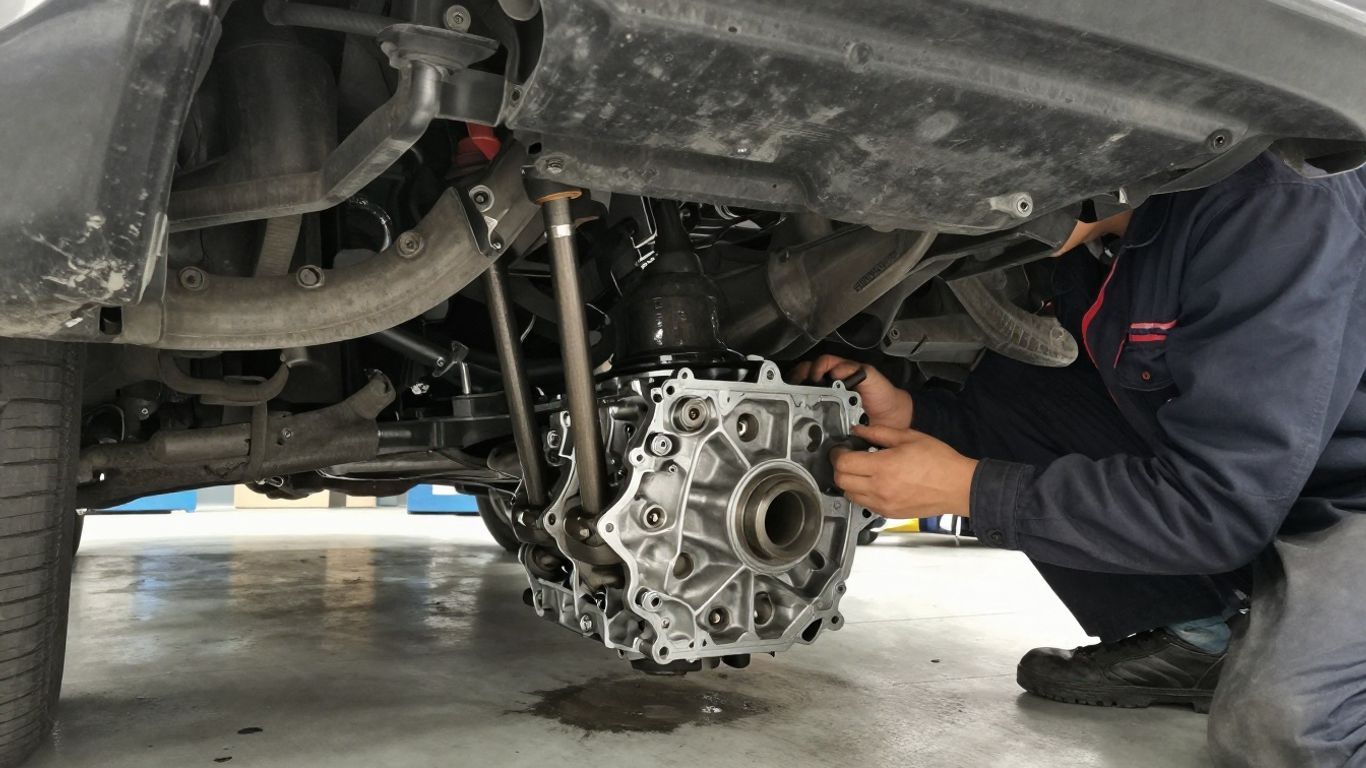 Technician inspecting a vehicle transmission