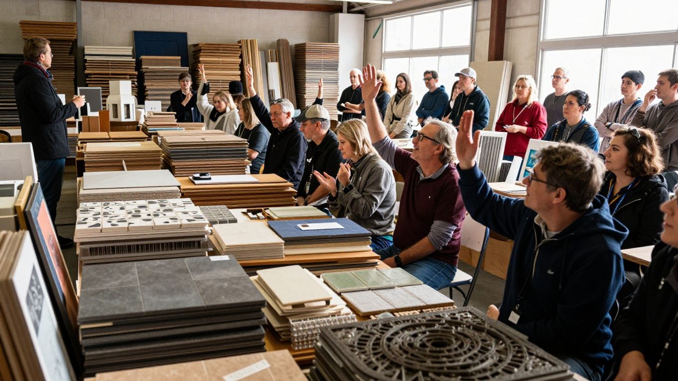 Building materials auction with people bidding.