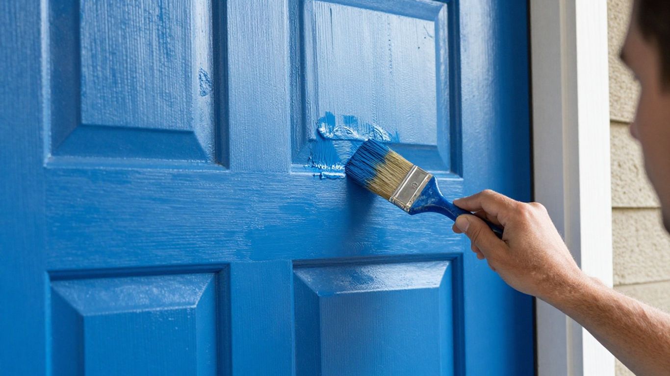 Painter applying blue paint to a house door.