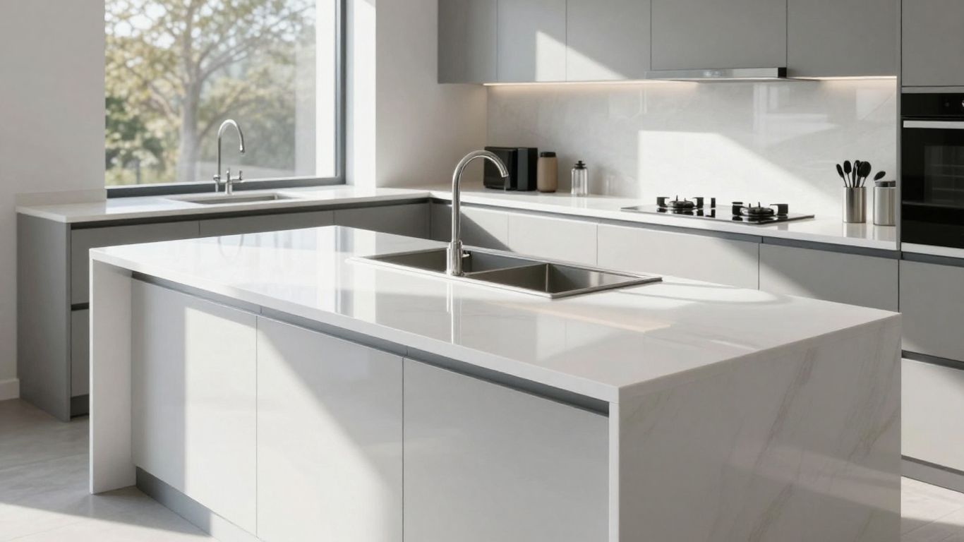 Bright kitchen with a shiny white gloss worktop.
