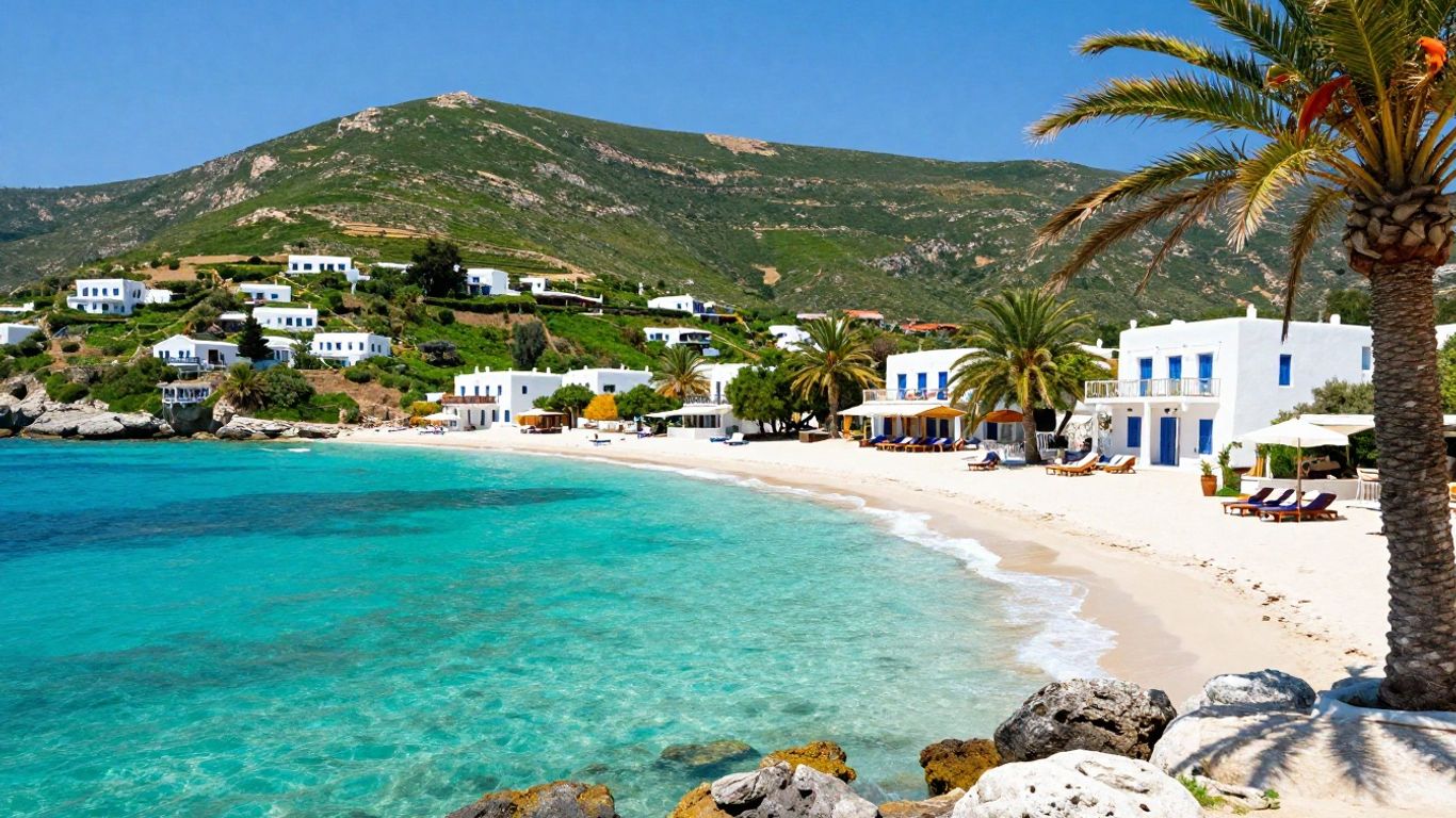 Beautiful Greek island beach with resort and clear blue water.