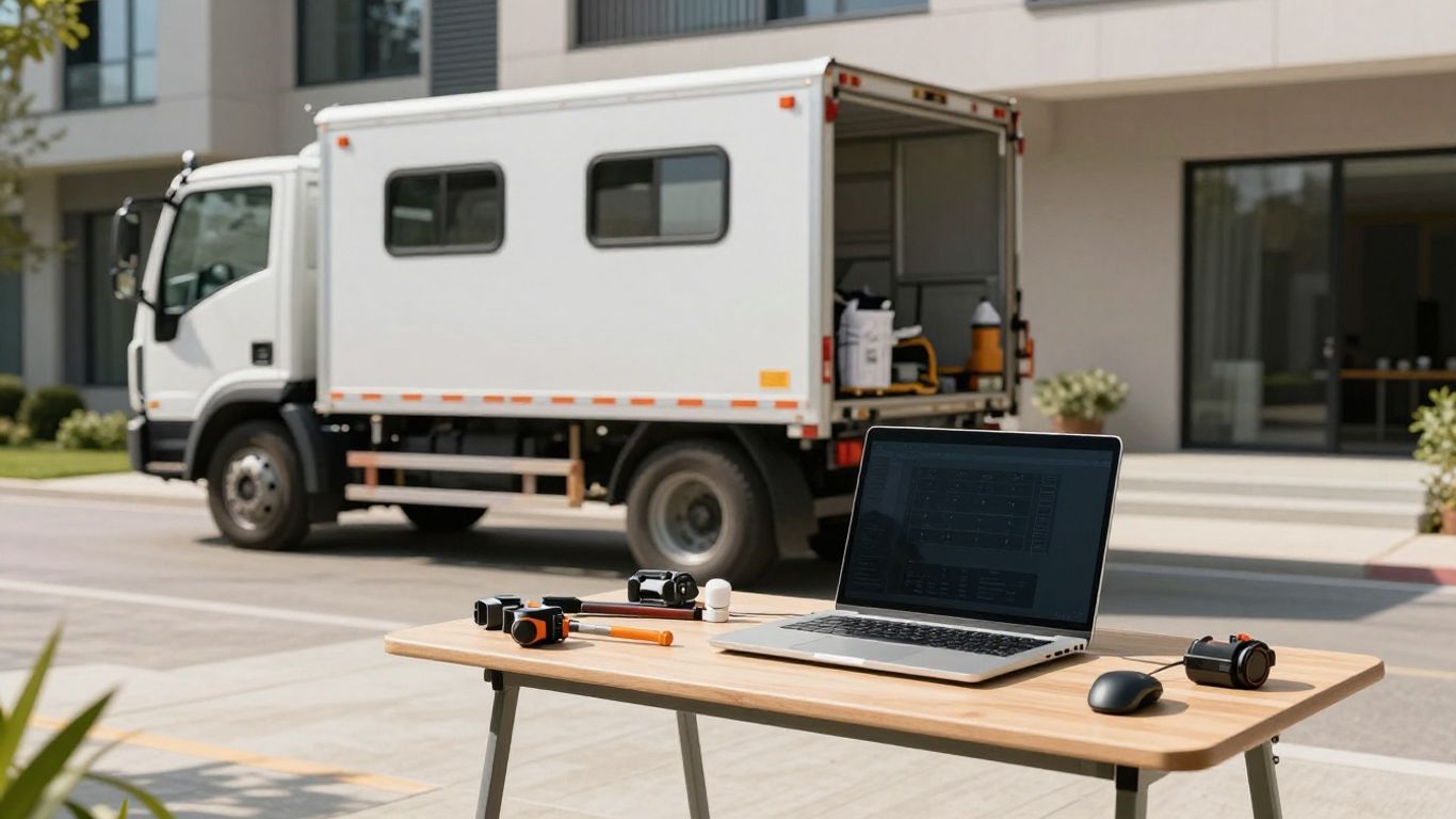 Contractor working on digital marketing strategy outdoors.