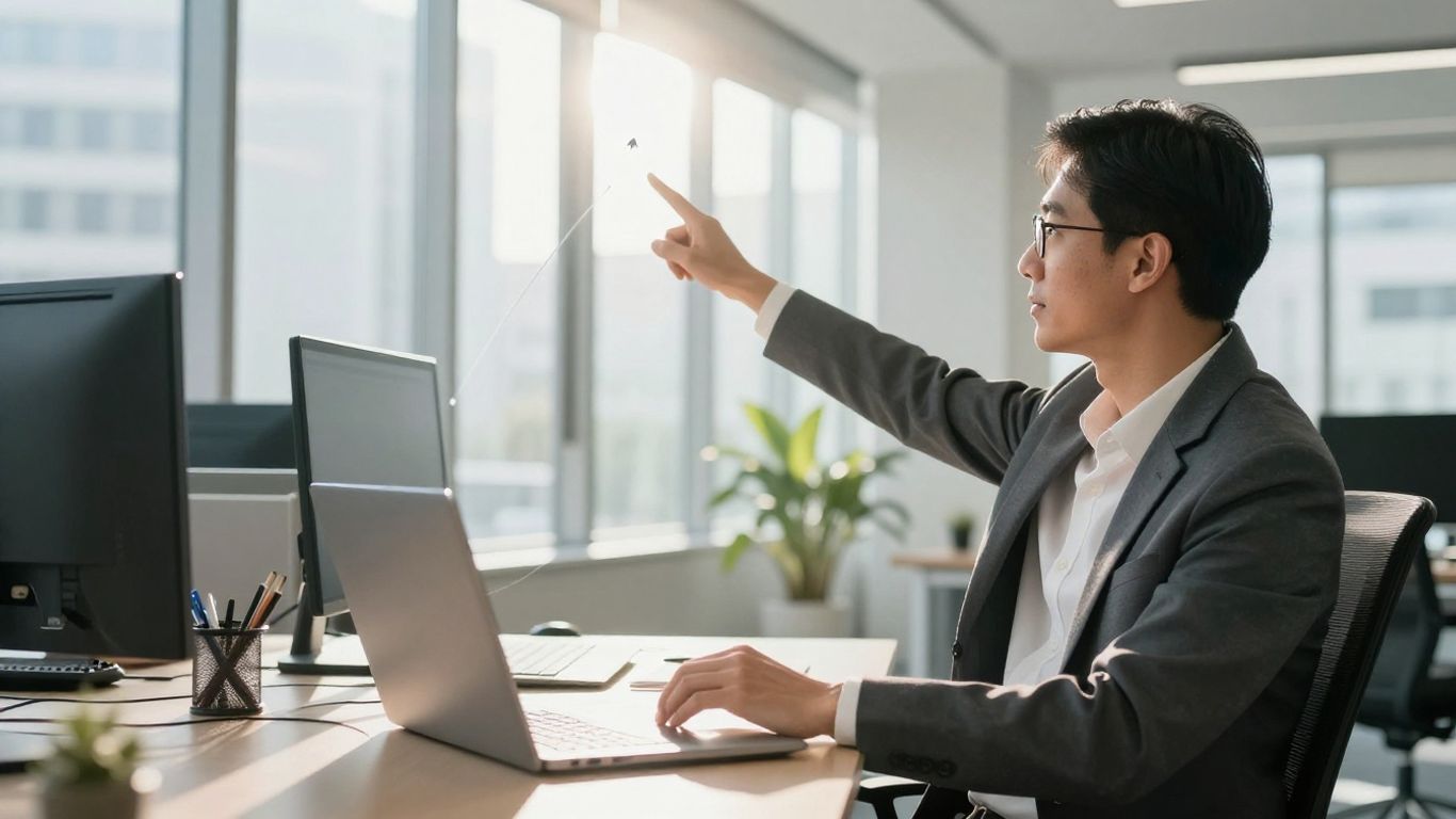 Businessperson pointing at upward digital growth path.