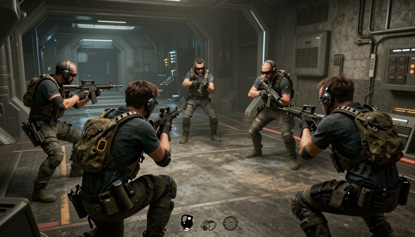 Partida competitiva de FPS em uma arena futurista, com dois times coordenando ataques entre corredores iluminados, equipamentos táticos e efeitos de habilidade, composição dinâmica e visual detalhado