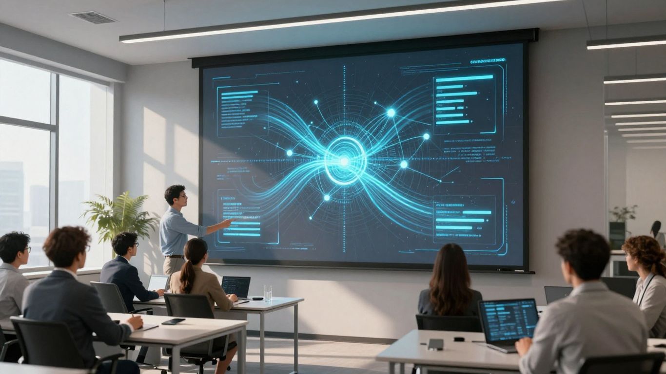 Team using holographic AI display for business growth
