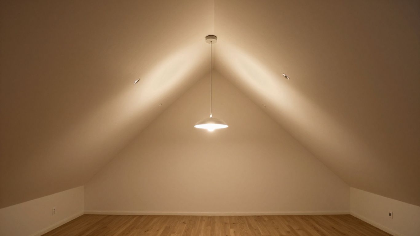 Sloped ceiling with modern lighting fixtures.