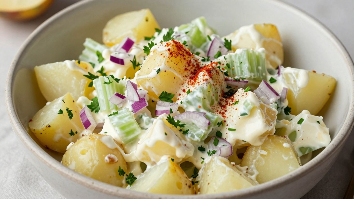 Creamy potato salad in a bowl with celery and parsley.