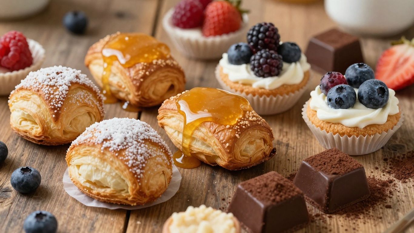 Produse locale dulci pe o masă din lemn.