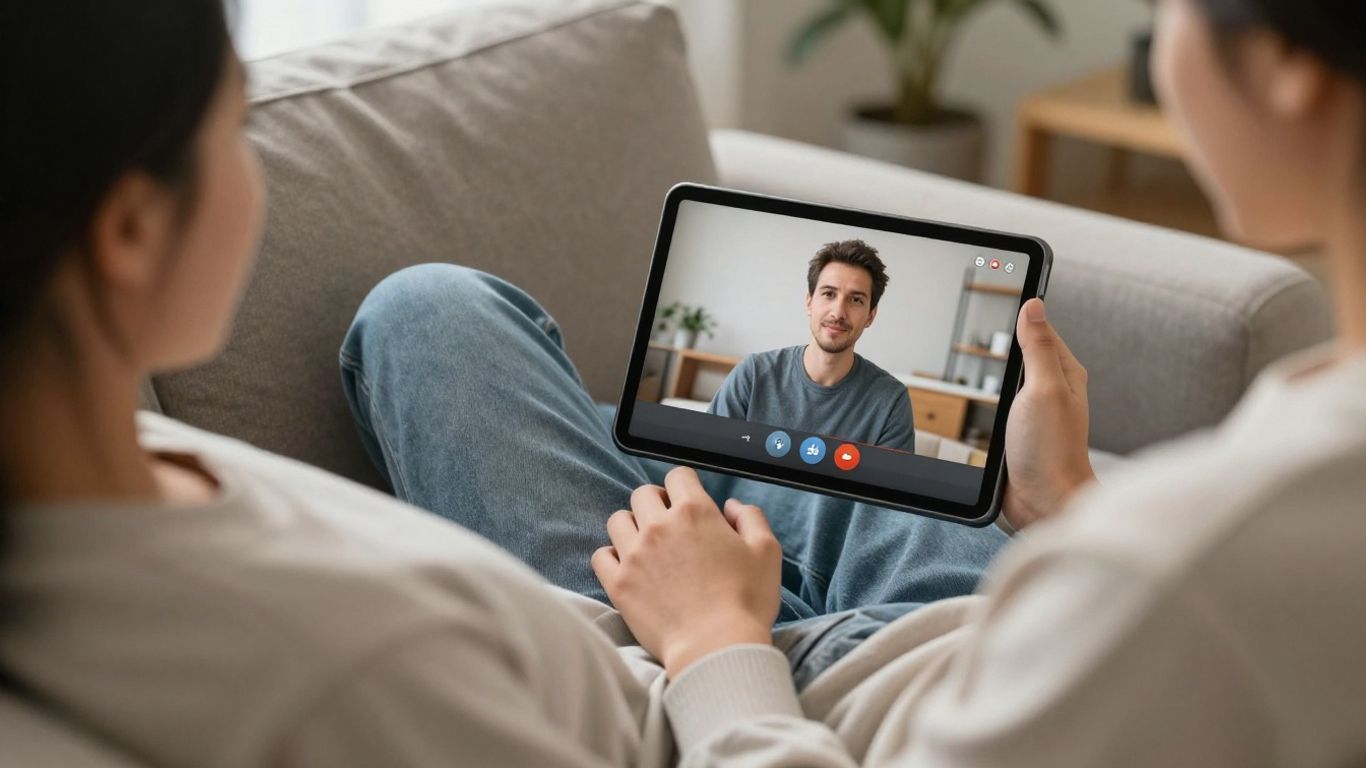 Person using tablet for online mental health visit.