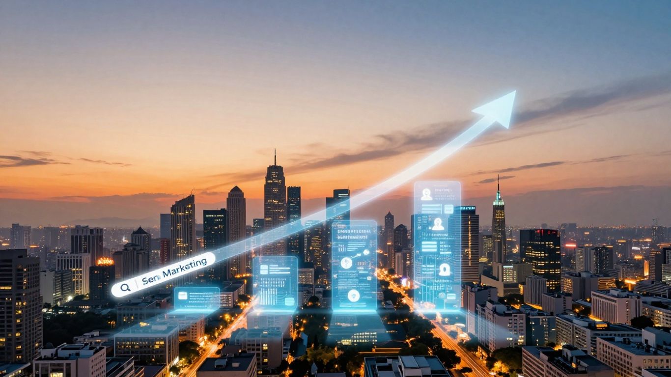 Search marketing success with glowing digital pathways.