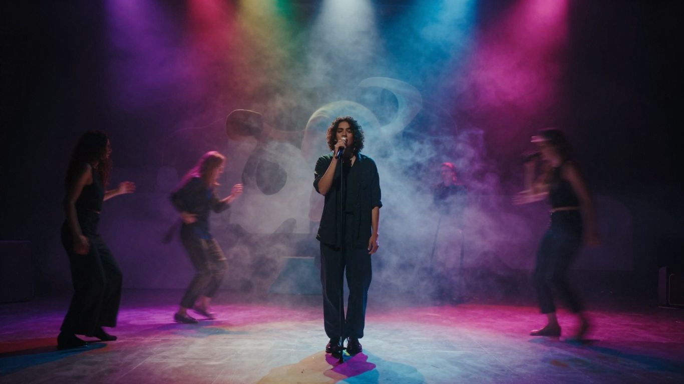 Cinematic singer surrounded by shifting colored light