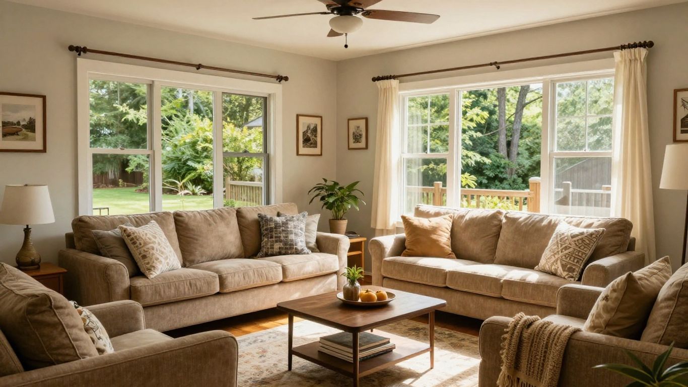 Cozy Asheville cottage living room ready for Airbnb guests.