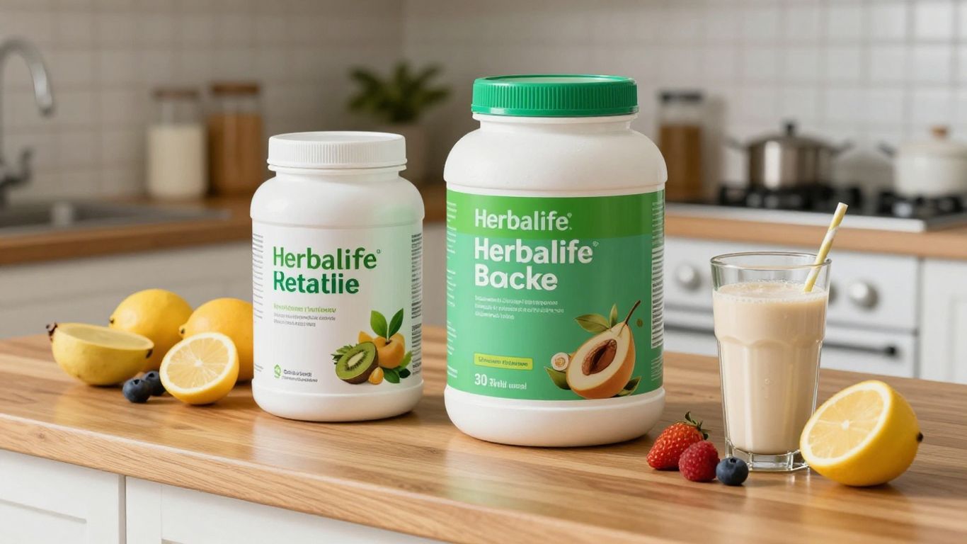 Assorted Herbalife shakes and protein products in a kitchen