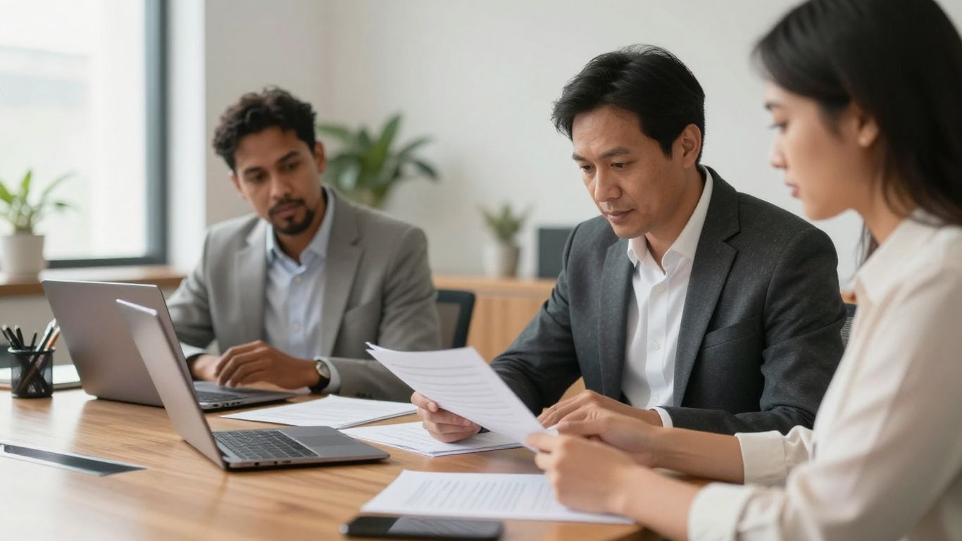 Adviser and client reviewing financial documents together