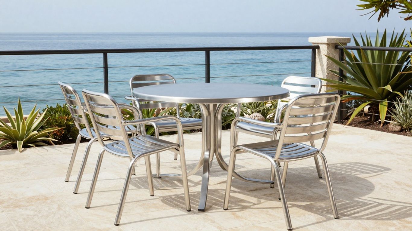 Stainless steel outdoor chairs beside a coastal table